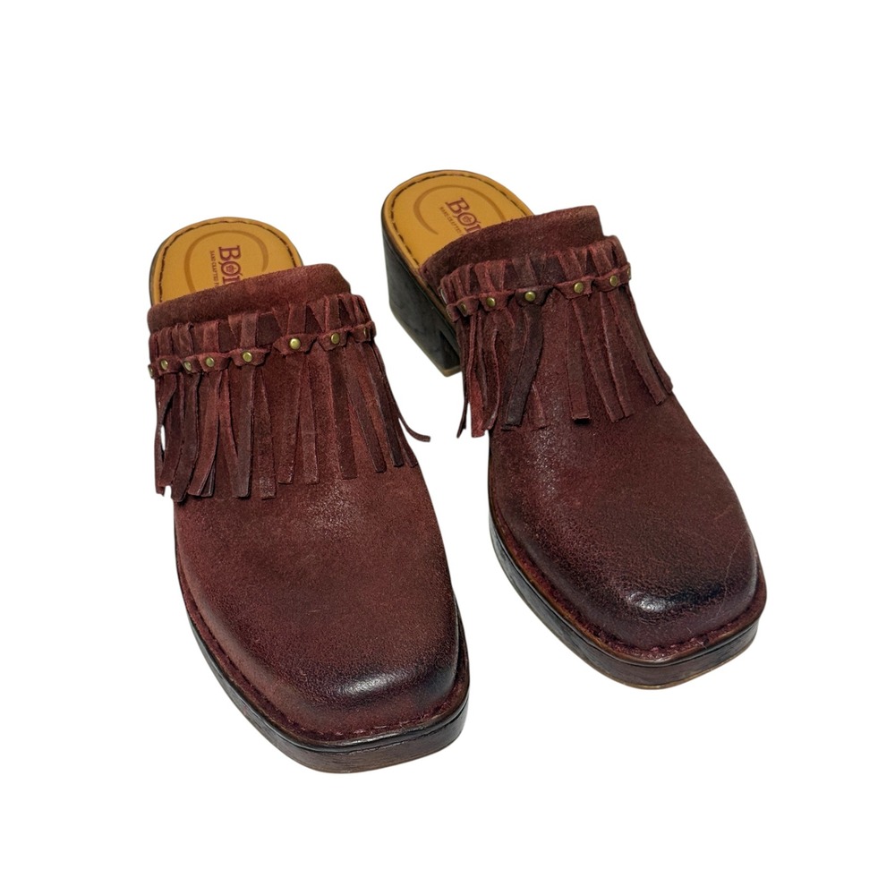 BORN Harmony Dark Red Suede Tassel Fringe Studded Comfort Mules Size 9
